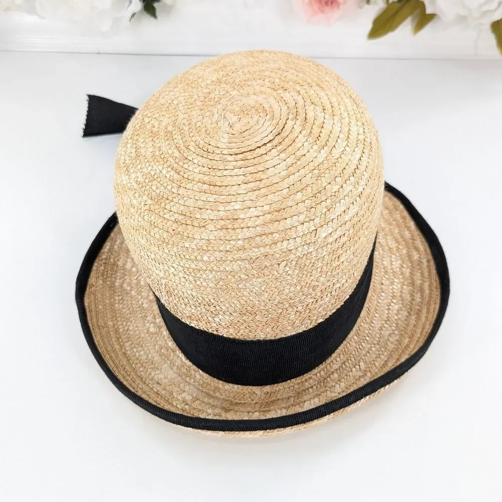 Tirabasso Italian Straw Wicker Black Bow Sun Hat Adjustable Kids Size Small/XS